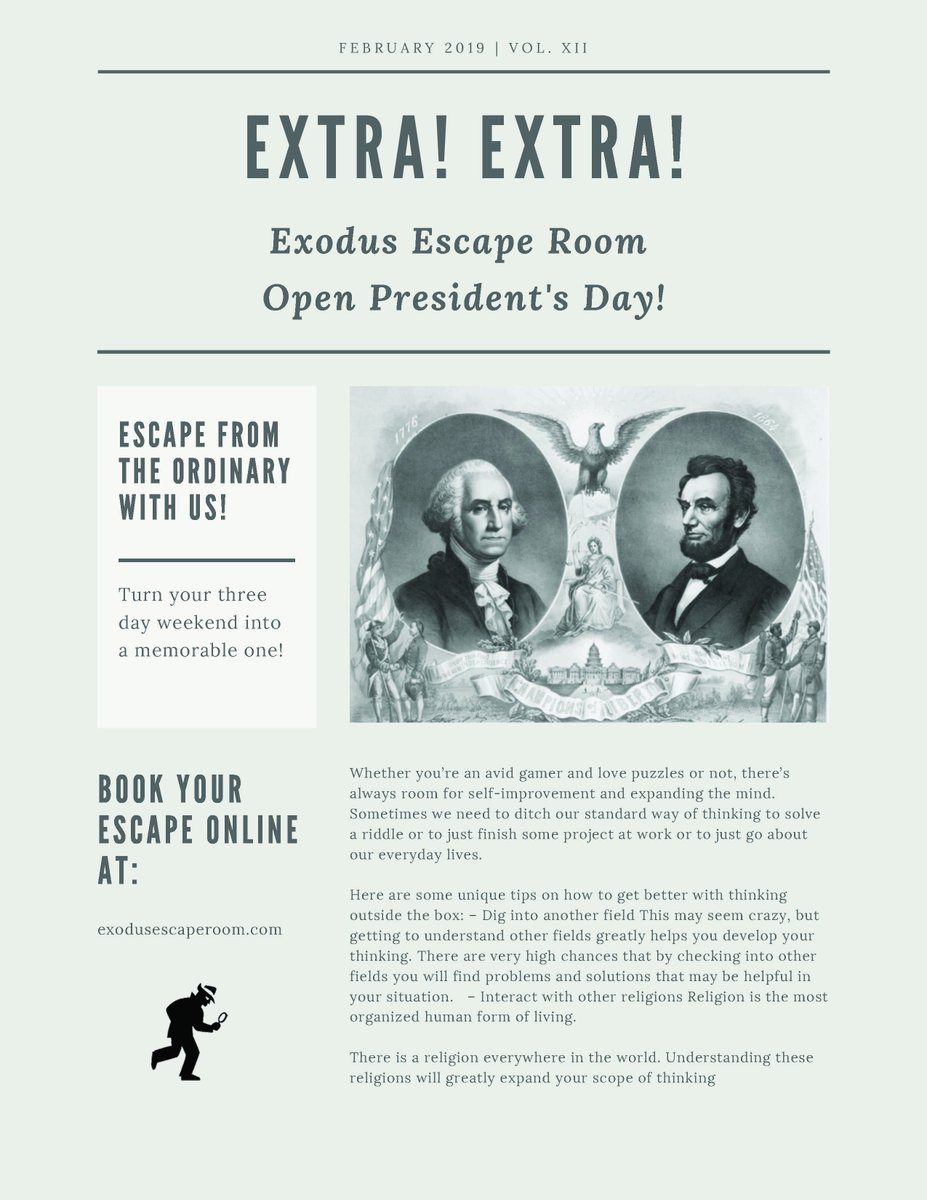 Exodus_Rowland's tweet photo. 📣 Extra! Extra! 📣

🇺🇸 We are open today in honor of President's Day!

🕵️‍♀️Come out and escape the typical Monday blues with us! Just visit https://t.co/5VWerSyYky to book your experience! https://t.co/YlTRSFk8N0