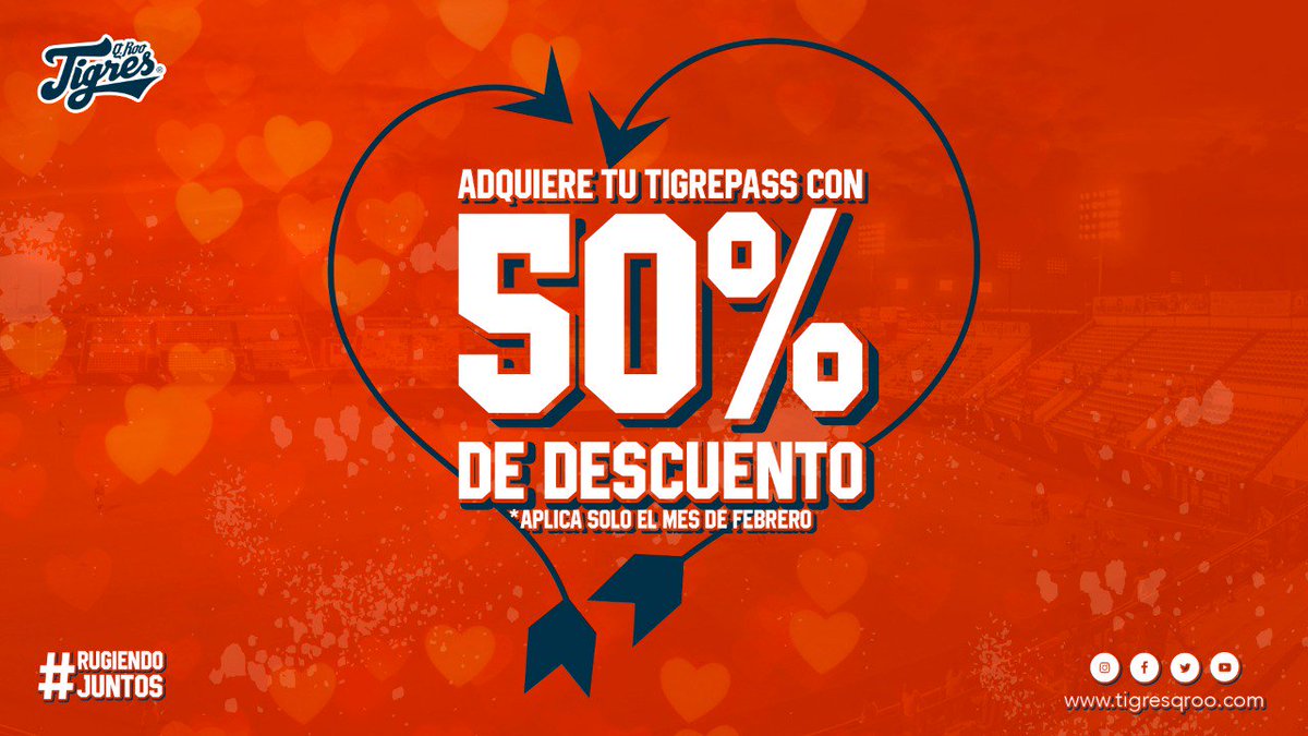 tigresqroficial's tweet photo. Este mes de febrero aprovecha 50% de descuento en la adquisición de tu TigrePass 🙌🏻

No te pierdas la emoción de los 60 juegos de la temporada regular en el Beto Ávila 🏟️
#RugiendoJuntos 👊🏻 https://t.co/h3NfNg4Wr9