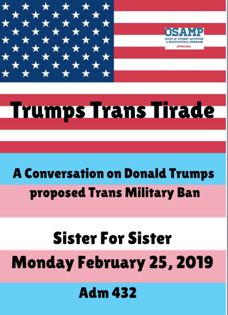 Join us @ 7 PM to have a discussion about Trumps Trans Military Ban