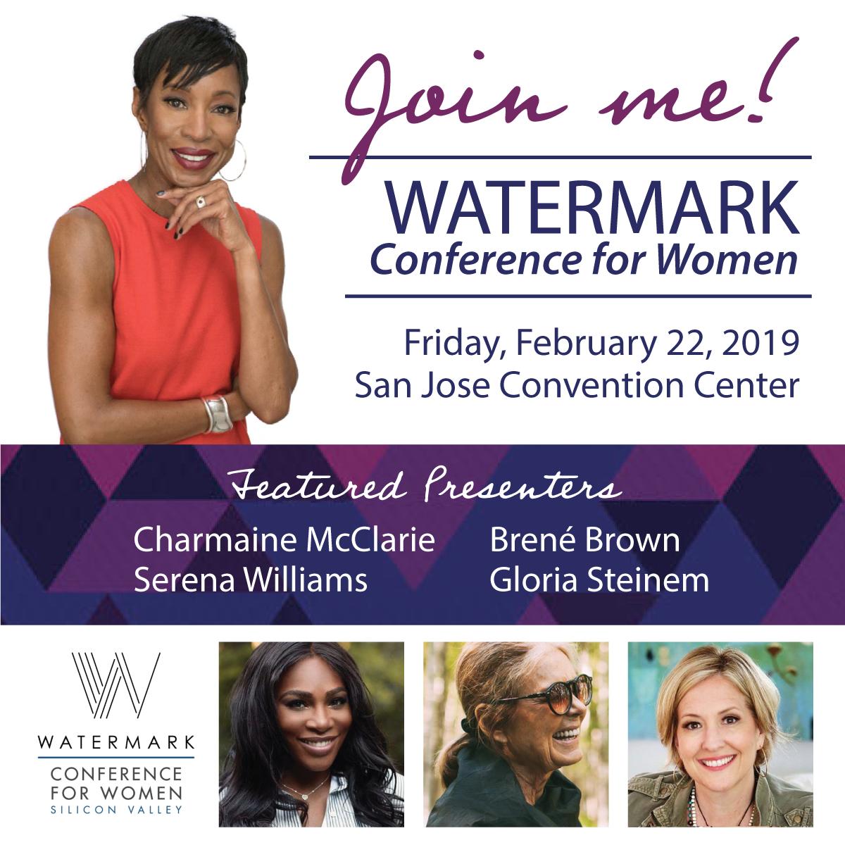 This Friday! I’m thrilled to speak at the #WatermarkConf. What a wonderful line up: <a href="/serenawilliams/">Serena Williams</a>, <a href="/GloriaSteinem/">Gloria Steinem</a>, <a href="/BreneBrown/">Brené Brown</a> and so many others. I’d love for you to attend my 3-4 p.m. session, How to Be Heard: Effective Communication for Career Advancement. #YourWinningStory