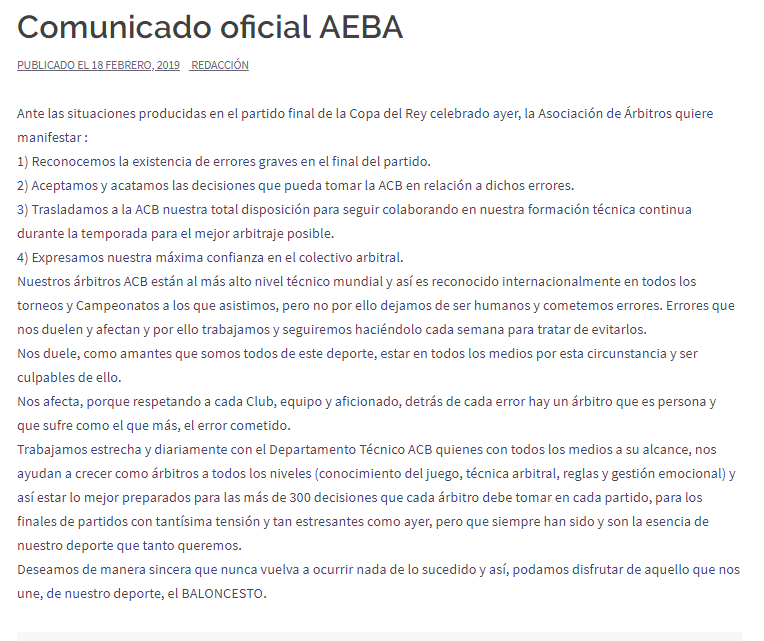 elchiringuitotv's tweet photo. 🚨¡ÚLTIMA HORA!🏀 

COMUNICADO OFICIAL de los Arbitros Españoles de Baloncesto

- "Reconocemos la existencia de errores graves en el final del partido"

-"Aceptamos y acatamos las decisiones que pueda tomar la ACB en relación a dichos errores"

¡NO TE LO PIERDAS! https://t.co/zJJQor2Au7
