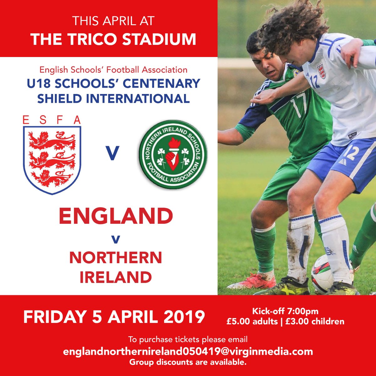 On Friday 5th April, Redditch United are hosting The U18's Schools' Centenary Shield International match between England vs Northern Ireland at The Trico Stadium, in conjunction with the English <a href="/SchoolsFootball/">English Schools' Football Association</a> Football Association.

£5.00 adults | £3.00 children

#UnitedForAll