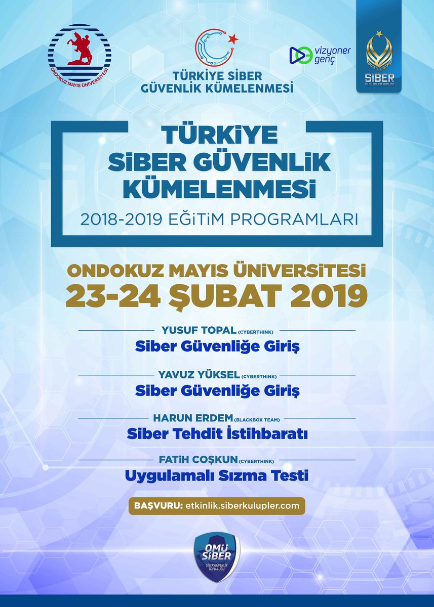omusiber's tweet photo. Türkiye Siber Güvenlik Kümelenmesi eğitim programlari dahilinde, bu hafta sonu üniversitemizde yapılacak olan Siber Güvenlik Eğitimi @CyberThinkorg ve @BlackboxSecTR  eğitmenleri ile gerçekleşecektir. https://t.co/ZdkYxhsNBH