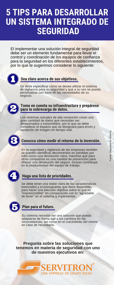ServitronMX's tweet image. Te has preguntado ¿Qué debes considerar para #Implementar un #Sistema #Integrado de #Seguridad?, conoce estos 5 #Tips que nos compartió: @Seguridad_En_Am Revista Seguridad En América