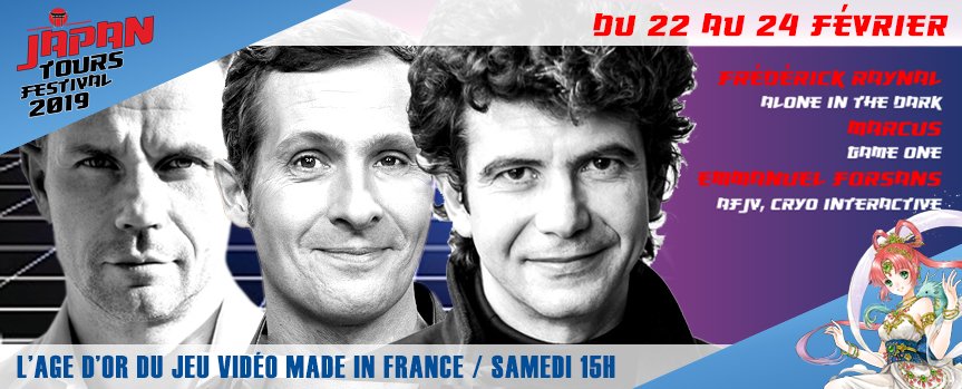 L'âge d'or des #jeuxvideo en 3 destins incroyables ! <a href="/Marcuszeboulet/">Marcus</a> Frédérick Raynal <a href="/Ludoid_Raynal/">Frederick Raynal</a>  (Alone in the Dark) et <a href="/emmanuelforsans/">Emmanuel Forsans</a> (Cryo Interactive) racontent leur parcours pendant une conférence immanquable ! RDV ce week-end au Japan Tours Festival <a href="/JapanTours37/">Japan Tours Festival</a> !