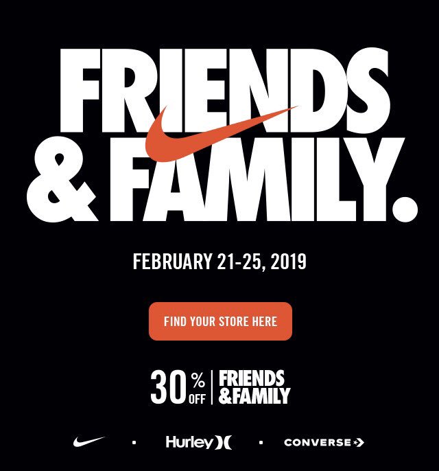 SNKR_TWITR on Twitter: "Nike Factory Outlet 'Friends Family' 30% Off Sale February 21st 25th #snkr_twitr https://t.co/U6raRXsYkH" / Twitter