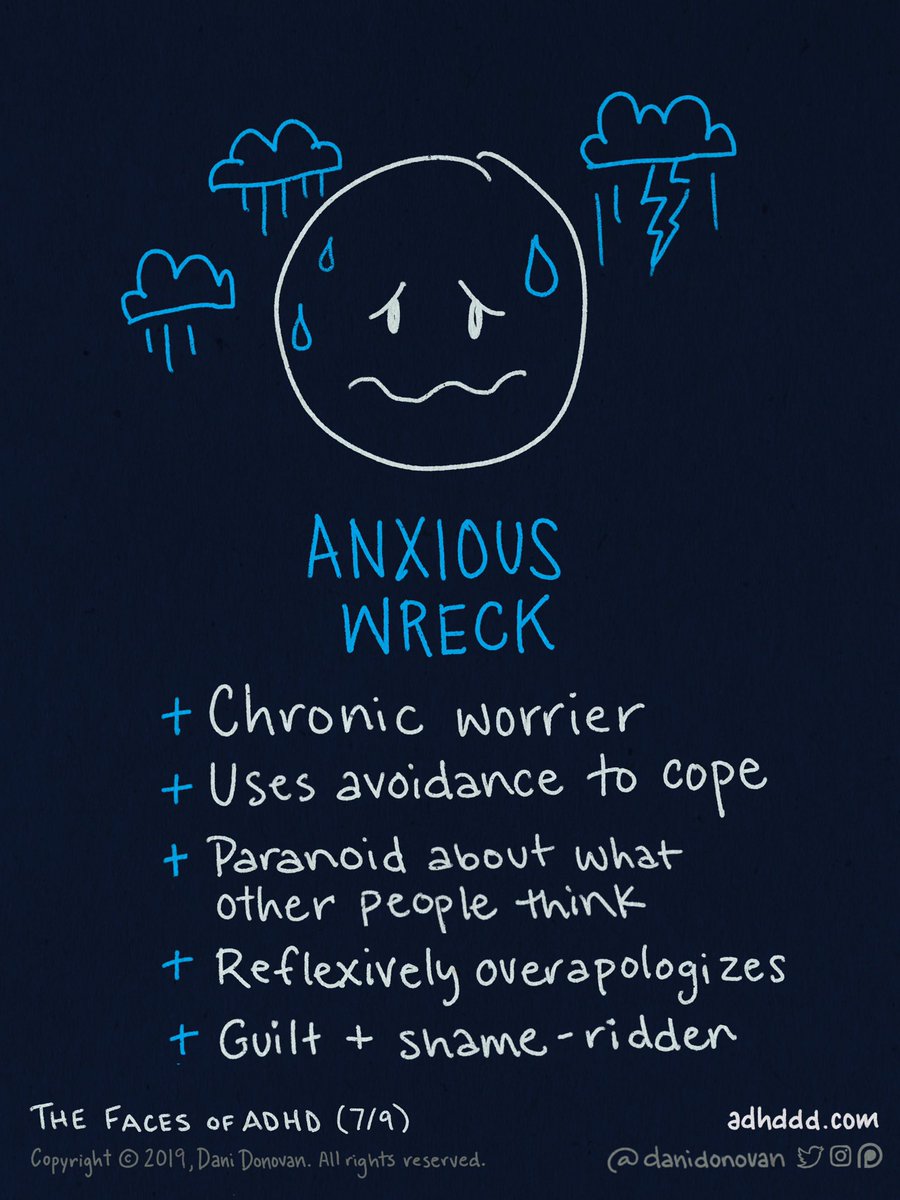 I care too much about everything, especially making others happy. I feel bad about things that aren’t my fault. I worry my friends don’t like me. I put off stressful things + hate confrontation. I expect to be fired whenever my boss schedules a “Quick Chat” meeting  (7/9)  #ADHD