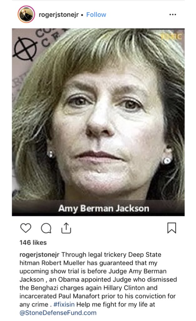 I don't think it's way off base to say that Roger Stone posting a picture of Judge Amy Berman Jackson WITH CROSSHAIRS is an intentional threat against her life. I'm preemptively calling BS on the 'Oh, it was an honest mistake' crap. Lock his ass up, and throw away the key!