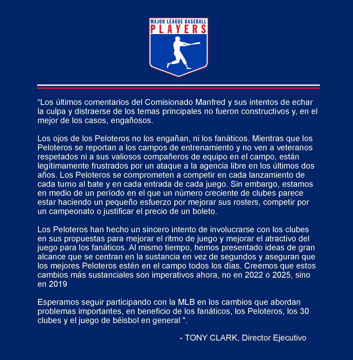 MLBPA_News's tweet image. Statement from Executive Director Tony Clark: 

bit.ly/2TV1Oex