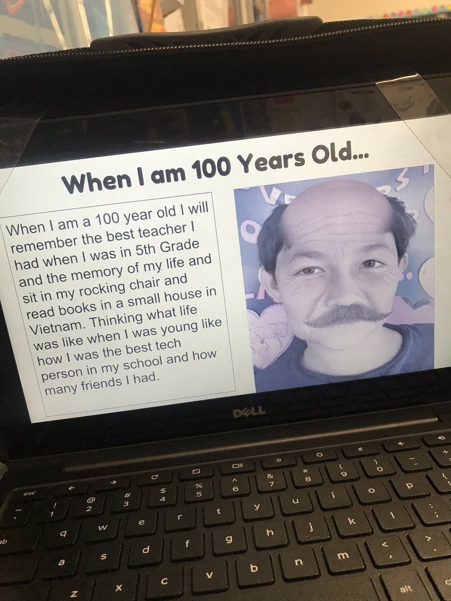 MsPerrys5th's tweet photo. 1️⃣0️⃣0️⃣th Day!🎉This writing project is so fun! We use the Aging Booth app to age the students, then have them write about what their life will be like when they are 100 years old. Their creative responses always leave me smiling! #100thdayofschool #wheniam100 https://t.co/3xTwq3KGRp