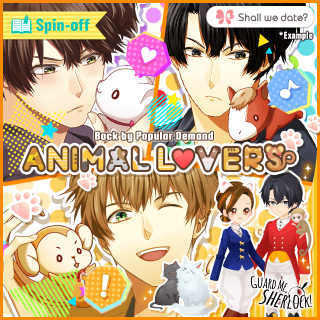 Shallwedate_GMS's tweet photo. ✨Spin-off: ANIMAL LOVERS is back! ✨Three stories of animal lovers:
The case of the missing horse (Sherlock)🐴 A story of the hurt monkey (John)🐒 The disappearance of Irene (Sebastian)🐱 Men+Animals=Heartthrob❤ #shallwedate #guardmesherlock #otome #datingsim #kiss #animallover https://t.co/znYiWoX3N9