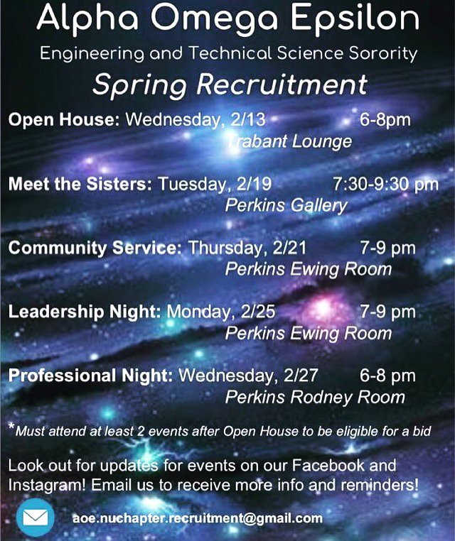 SIGCouncilUD's tweet photo. Spring Recruitment is underway for Alpha Omega Epsilon! Come out and meet the sisters on Tuesday from 7:30-9:30pm in the Perkins Gallery! https://t.co/H641oibfuD