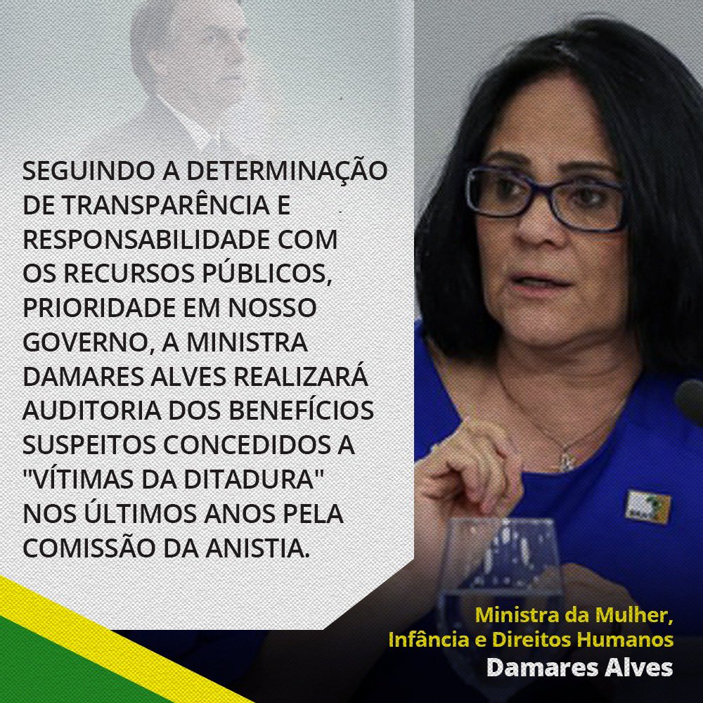 CarlosBolsonaro's tweet photo. A Ministra @DamaresAlves e sua preocupação com a correta aplicabilidade do dinheiro público! O Brasil precisa desmontar o mega esquema de indenizações e pensões milionárias tramada pela esquerda, para devolver a quem realmente faz jus: a população brasileira! https://t.co/gtg3zmWL8C