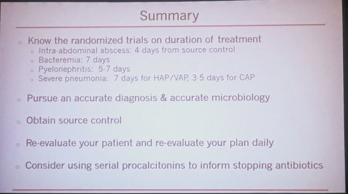 EscavoApps's tweet photo. Great session on #antibioticstewardship at #ccc48 Key points: Pursue accurate Dx and micro, obtain source control, re-evaluate daily, use pct to deescalate, know proper Tx durations - longer is not better! #infectiousdisease #sepsis #sccm19 https://t.co/iv4ep4jAAf