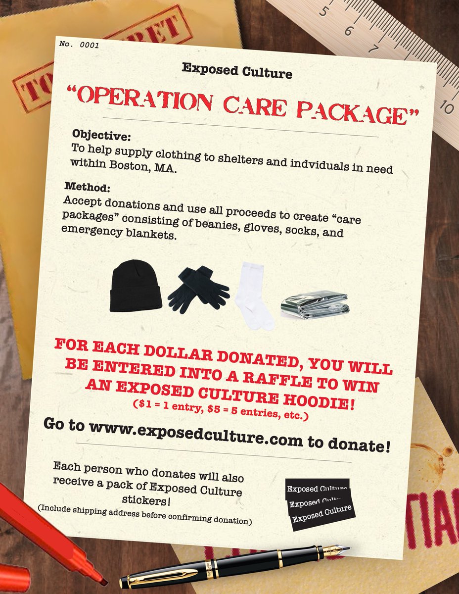 ExposedCulture's tweet photo. Operation Care Package is a go. All donations will be used to purchase clothing to be dispersed within Boston, MA. Go to https://t.co/fpn169NNqR to participate! Thank you, from the EC team. https://t.co/pA3o4nXj8o