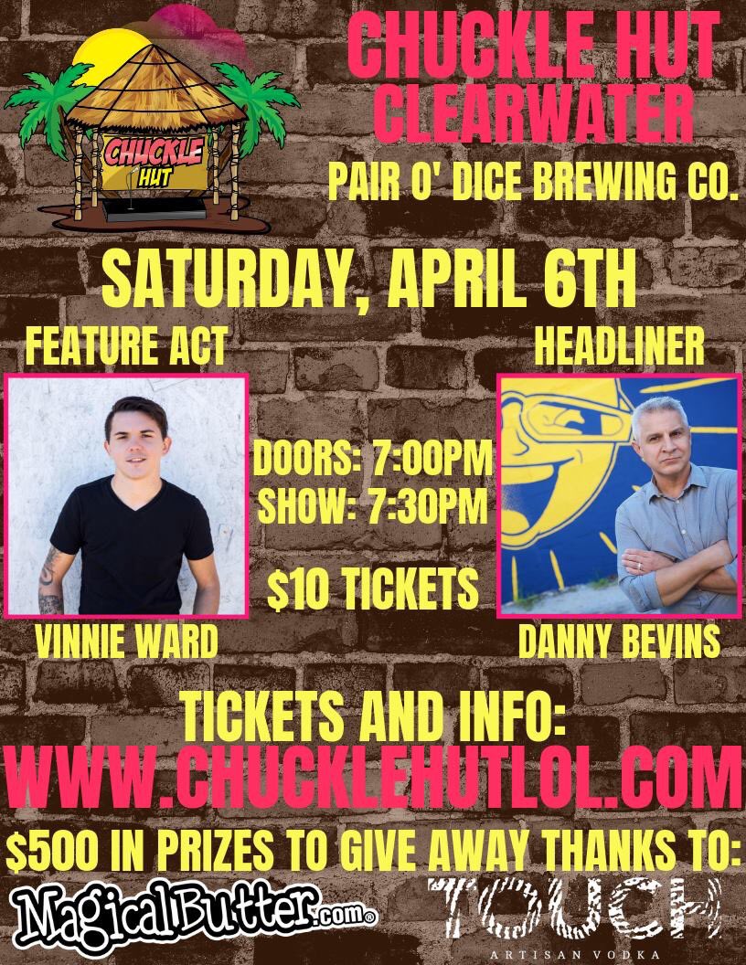 RobbShowTV's tweet photo. Bringing @ChuckleHutLOL north of the Skyway!

Saturday, April 6th inside @PairODiceBrew in #Clearwater

Comedy from @vinnieward and @dannybevins, plus prizes from @MagicalButter and @touchvodka.

Tickets: $10.00 @ https://t.co/BuhnSCxMvr

#CraftBeer #EatToTreat #TouchVodka https://t.co/RfAzWF8O37