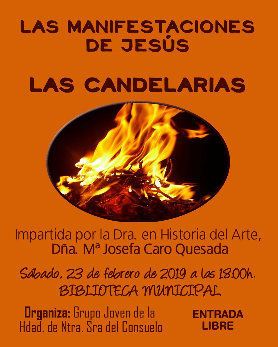 "LAS MANIFESTACIONES DE JESÚS: LAS CANDELAS"

El próximo sábado 23 de febrero a las 18:00 h. podremos disfrutar de una magnífica conferencia a cargo de N.H.Dña. María Josefa Caro Quesada, Dra. en Histórico del Arte.

#MadredelConsuelo #ConsuelodelosAfligidos.
