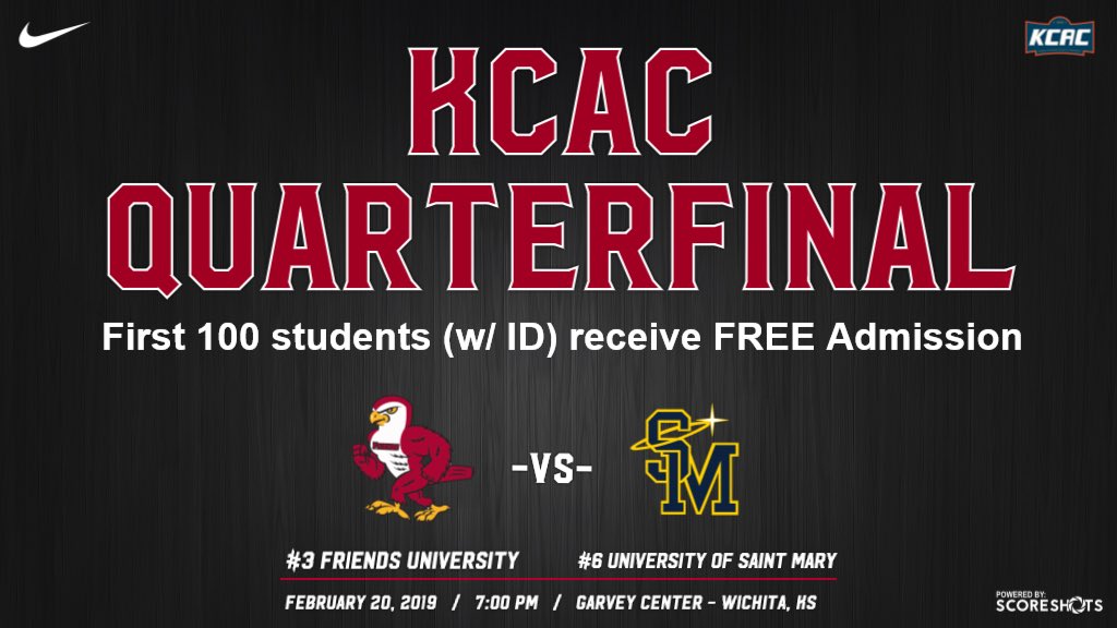 🚨 BREAKING NEWS 🚨 

The first 100 <a href="/FriendsU/">Friends University</a> students (w/ ID) to the KCAC Men’s Quarterfinal game on Wednesday will receive FREE ADMISSION! #ComeFlyWithUs 
 
Gates Open: 6:00 PM
Tip-Off: 7:00 PM