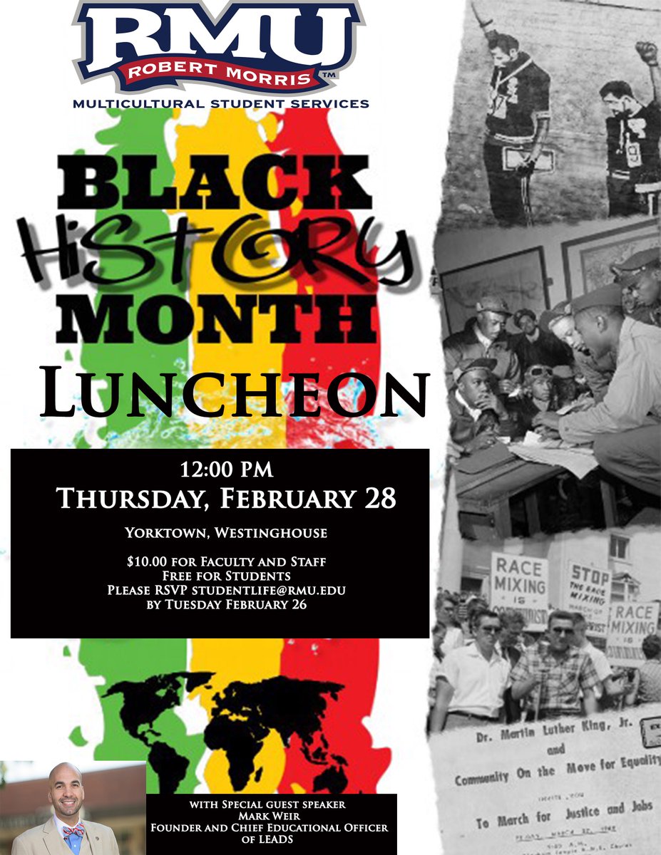 RMUlticultural's tweet photo. Make sure you RSVP for the Black History Month Luncheon on Thursday, February 28! Free for students!!! https://t.co/eoWqwCc5G6