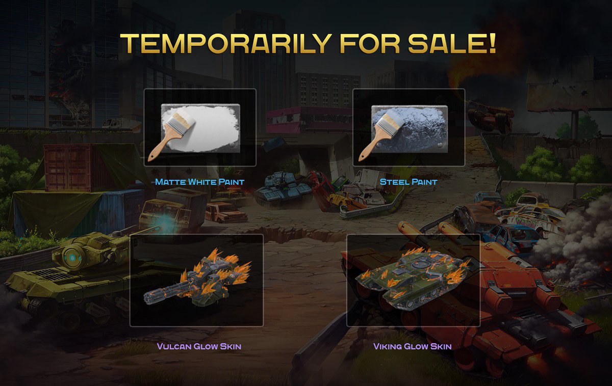 PlayTankiX's tweet photo. Weekly Sale - February 18th!

🔹 The "Matte White" Paint - 249 Х-crystals.
🔹 The "Steel" Paint - 199 Х-crystals.
🔹 The rare "Glow" skin for Vulcan - 1,299 Х-crystals.
🔹 The rare "Glow" skin for Viking - 1,299 Х-crystals.
The sale ends on Friday, February 22nd, 2019. https://t.co/TZzV8bdcu4