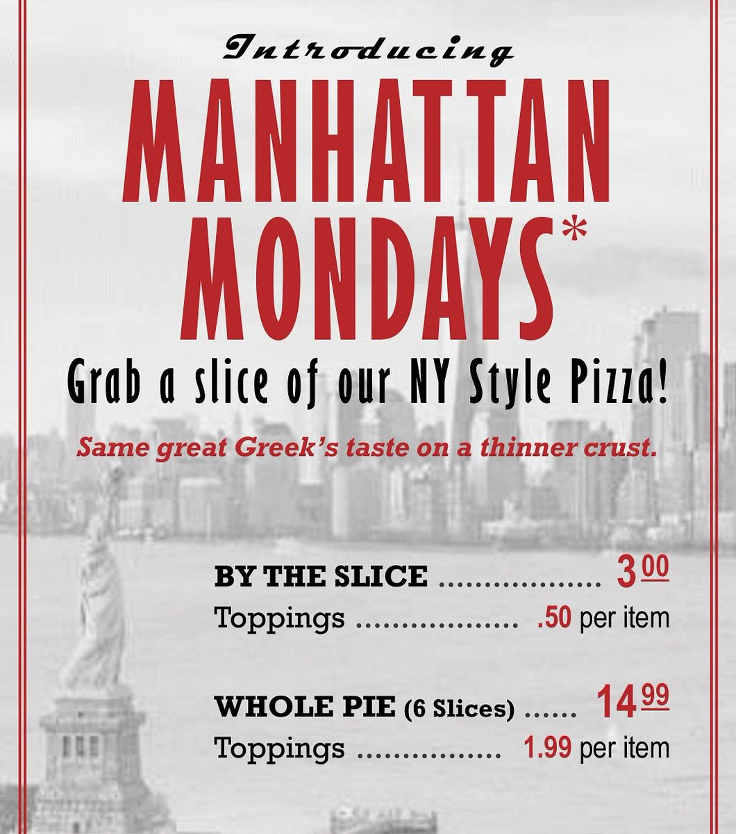 GreeksWC's tweet photo. Manhattan Mondays! Come in for our XXL NY Style pizza. 1 topping $14.99 #pizzadelivery https://t.co/7I7ohmM9d5