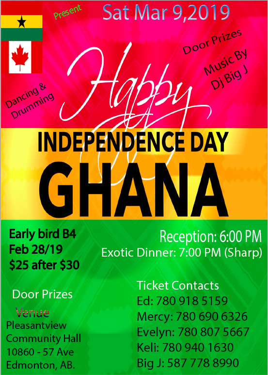 GFAEAssociation's tweet photo. Save the date and bookmark your calendars. 

Ghana 62nd Independence Day party taking place on March 9, 2019, at the Pleasantview Community League from 6pm till late. 

Earlybird ticket before Feb 28 @  $25.00 and $30.00 after Feb 28. #GhanaAt62 #GhanaParty #GhanaPartyEdmonton https://t.co/FFZpgAZH7D