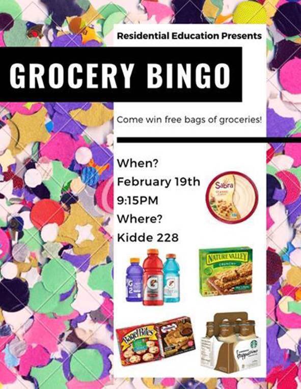 StevensStudents's tweet photo. Res Ed Presents: Grocery Bingo!
Come out tomorrow, Tuesday night, (2/19/19) to Kidde 228 at 9:15PM
for a fun game of bingo and a chance to win stacked grocery bags for your apt/room. #ResEd #GroceryBingo #Bingo #StevensNow #Stevens @FollowStevens https://t.co/ppWku9Pm4R
