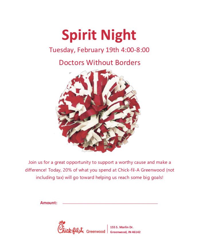 DWBUindy's tweet photo. Dine to donate is tomorrow night!! Get some friends together and grab some Chick Fil A to help out Doctors Without Borders! 20% of your purchase will be donated, and it is no extra cost to you! Just show this flyer at checkout or mention Doctors Without Borders! https://t.co/tKSWGQ7S5l