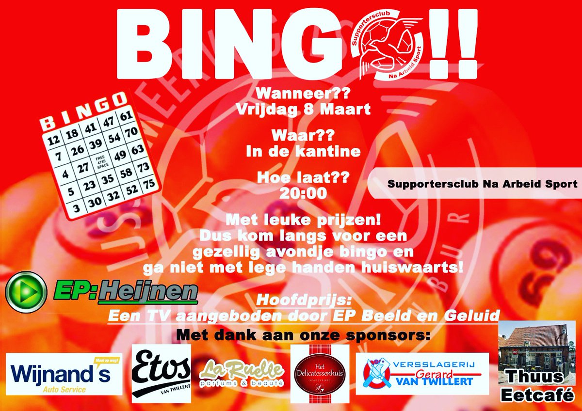 NASFransheinen's tweet photo. Vrijdag 8 maart BINGO in ons mooie clubhuis. Hoofdprijs een prachtige TV aangeboden door EP Heijnen #SUPERNAS https://t.co/Mwe9H7zWTb