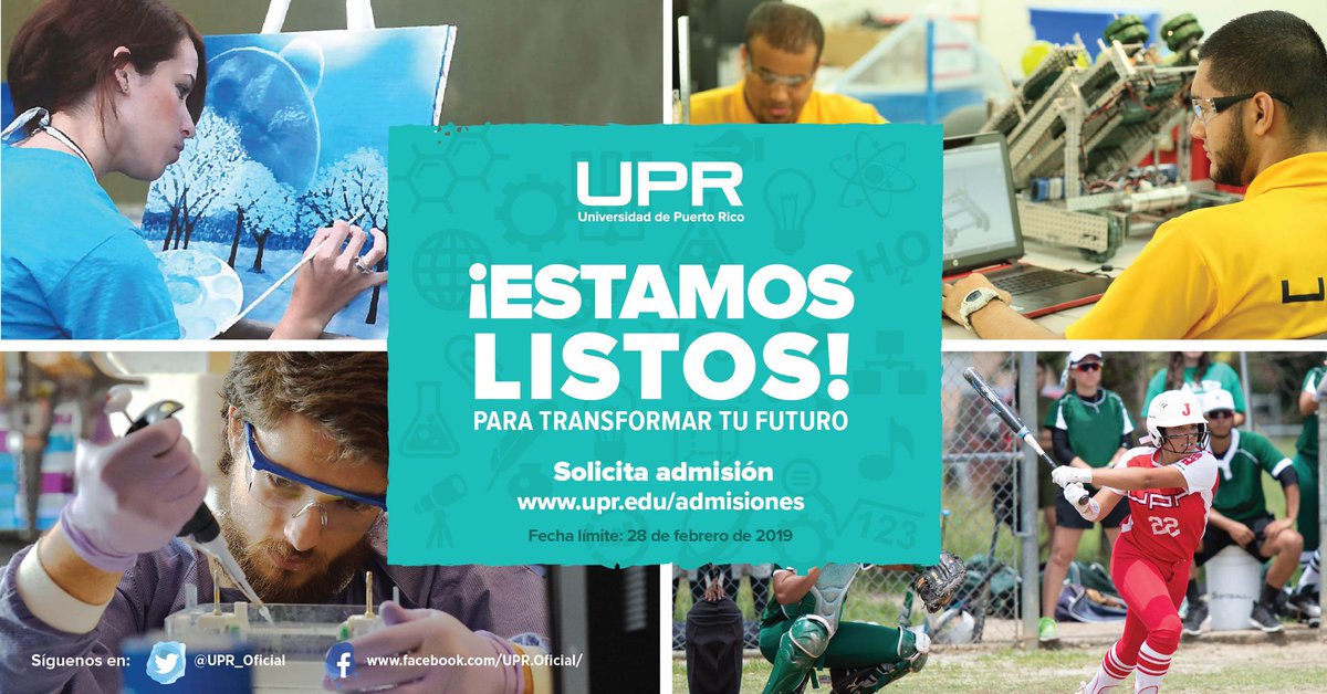 UPR_Oficial's tweet photo. El 2️⃣8️⃣ de febrero es la fecha límite para solicitar admisión en la Universidad de Puerto Rico. Accede a https://t.co/5DRMNptLq9 para aplicar en línea. #FuturoUPR #EstamosListos https://t.co/a0OMMeTev3