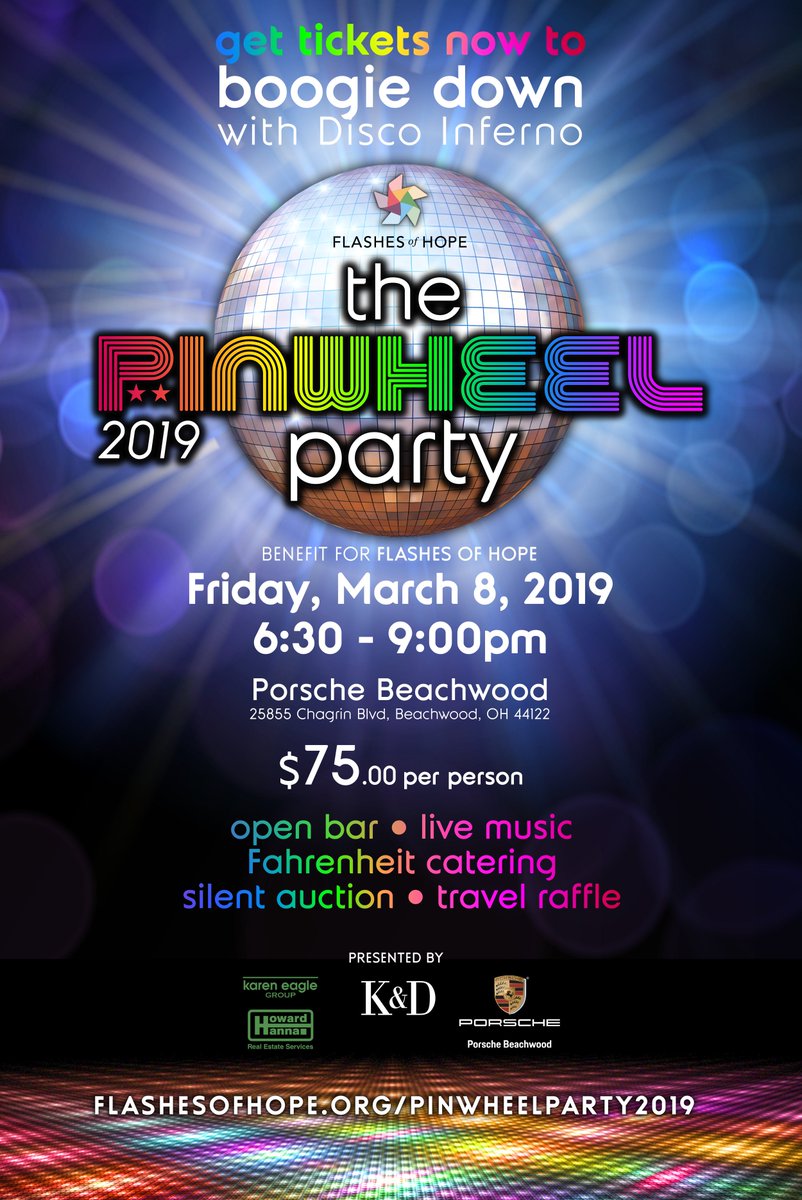 flashesofhope's tweet photo. Get your groove on at the 4th annual PINWHEEL PARTY at @porsche_ohio . Enjoy live music by @DiscoInfernoPWE , heavy hors d’oeuvres from @FahrenheitCLE, full open bar. Brighten the lives of kids with cancer.  TICKETS NOW! $75 https://t.co/iuIAosnURf https://t.co/3nnEcfnrkg