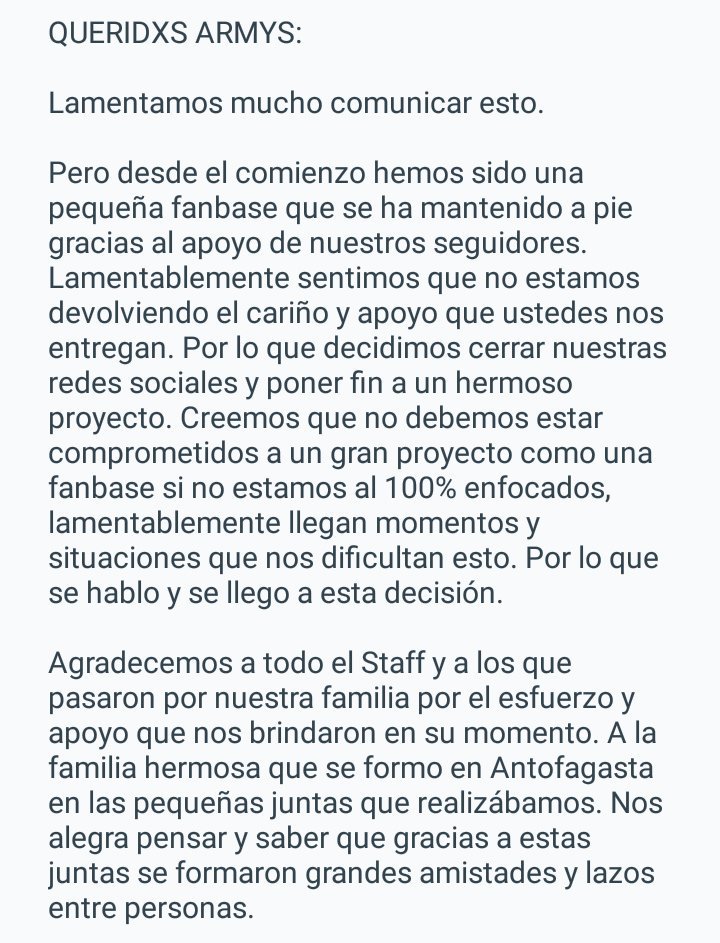 OnlyBTSChile's tweet photo. >Gracias por todo #ARMYs< 

Gracias a nuestros seguidores
Gracias a las ARMYS de afta
Gracias al Staff
Gracias a las paginas amigas

Y MUCHAS GRACIAS a #BTS por crear este hermoso fandom.

Lamentamos informar que 
ONLY BANGTAN CHILE  CIERRA SUS PUERTAS.

Adios ARMYs 💜🤧 https://t.co/IOaUvhMFPL