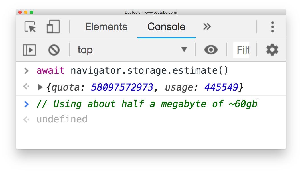 💡 You can use  `await navigator.storage.estimate()` to get the quota and usage of persistent data for the current site