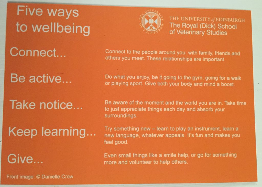 RosieAllister's tweet photo. Great to be back at R(D)SVS this week during student wellbeing week. I love these reminder cards for the five ways to wellbeing. The illustration on this one by former vet student Danielle Crow is amazing. https://t.co/JW6KzX312r