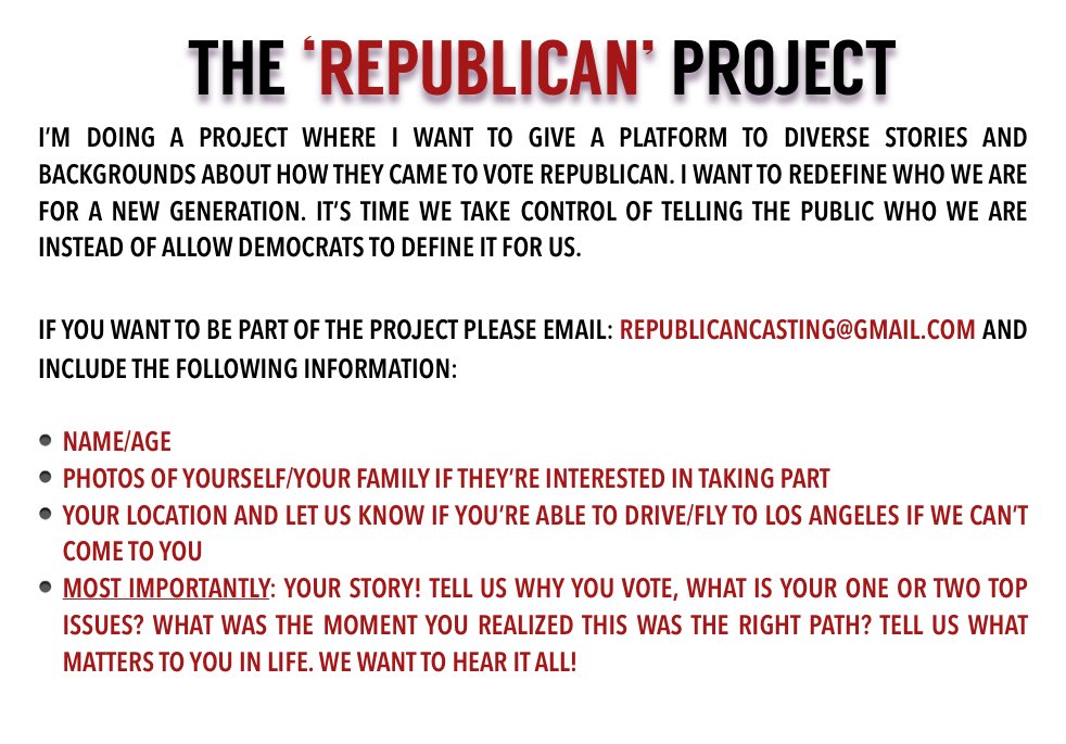 robbystarbuck's tweet photo. I’m producing a project that will help redefine who Republicans are and why they vote Republican. We’ve allowed elected Democrats to lie about who we are for too long. If you’re interested in being a part of this project, read the instructions and submit your story. https://t.co/nr6S0laAua