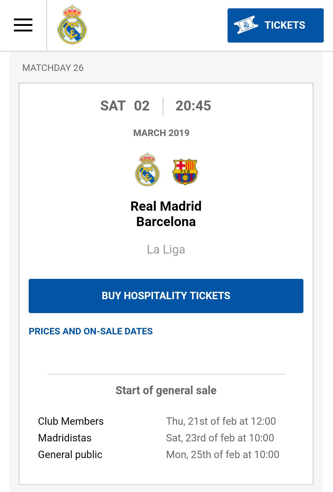 Footytix 海外サッカーチケット攻略ブログ 速報 ベルナベウで行われる エル クラシコのチケット販売日程が発表 予想通り 一般販売は試合5日前の2月25日から T Co 4deps4rlxm Twitter