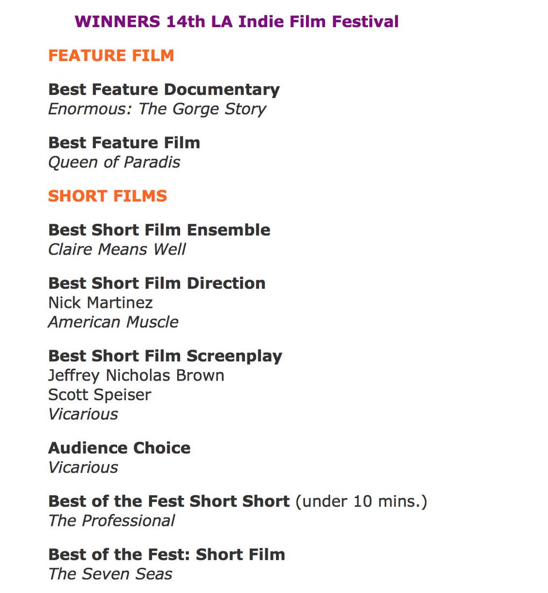 What a fantastic festival! Support indie film! All winners below <a href="/scott_speiser/">Scott Speiser</a> <a href="/jeffreynbrown/">jeffreynicholasbrown</a> <a href="/enormousmovie/">Enormous: The Gorge Story</a> 🎭🎬