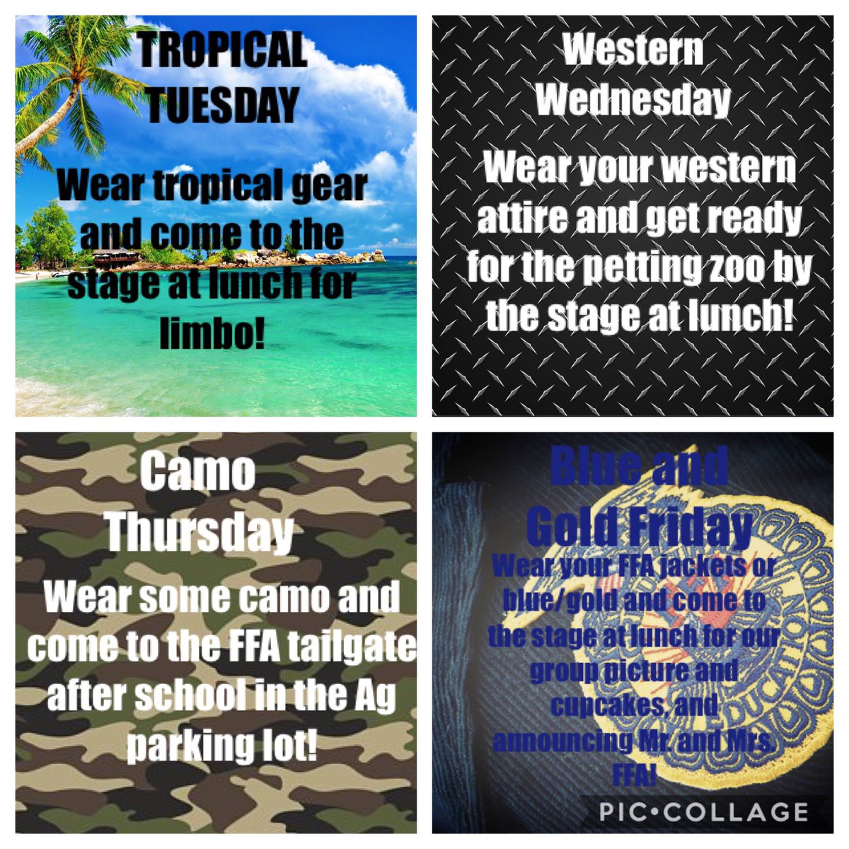 pacheco_ffa's tweet photo. It’s time for National FFA week! Here are the dress up days and activities. If you are running for Mr. or Mrs. FFA make sure to collect your pennies and participate in all dress up days and activities! https://t.co/e1j16f4E7M