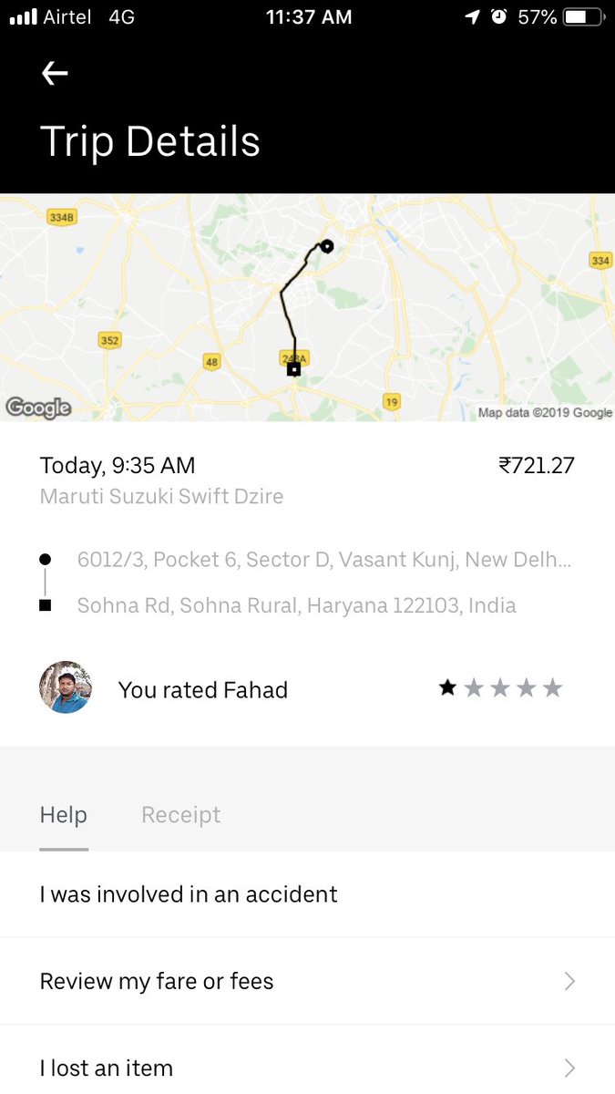 tanmay194's tweet photo. ⁦@Uber_Support⁩ ⁦@Uber_India⁩ you’ve got drivers who cheat, driver didn’t complete the trip at drop location (Sector 15 Gurgaon), decided to carry on till Sohna, didn’t even pick calls when I realised his con, won’t be using Uber till you resolve this. https://t.co/B8Jd8moKH6