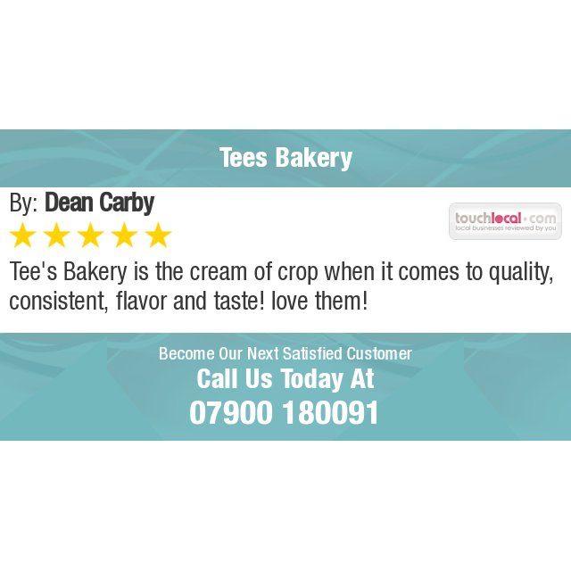 TeesbakeryUK's tweet photo. 5 Star: Dean . "Tee's Bakery is the cream of crop when it comes to quality, consistent, flavor and taste! love..." https://t.co/GvF6FtZvmg https://t.co/xHG0lPiE1H