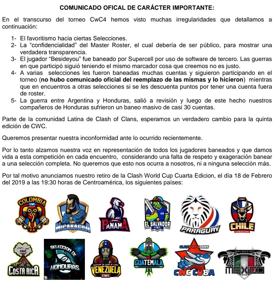 #Escándalo 😱😱😱 

"Comunidad Latina de Clash of Clans se une". Se retiran de la Clash World Cup.

¿Qué opinan de esto?

 @ColombiaCwc <a href="/SelecVZLACoc/">Selección Venezolana COC</a> @cwcparaguay @chile_cwc @CWC_Honduras #Clashofclans #CWC #CWC4