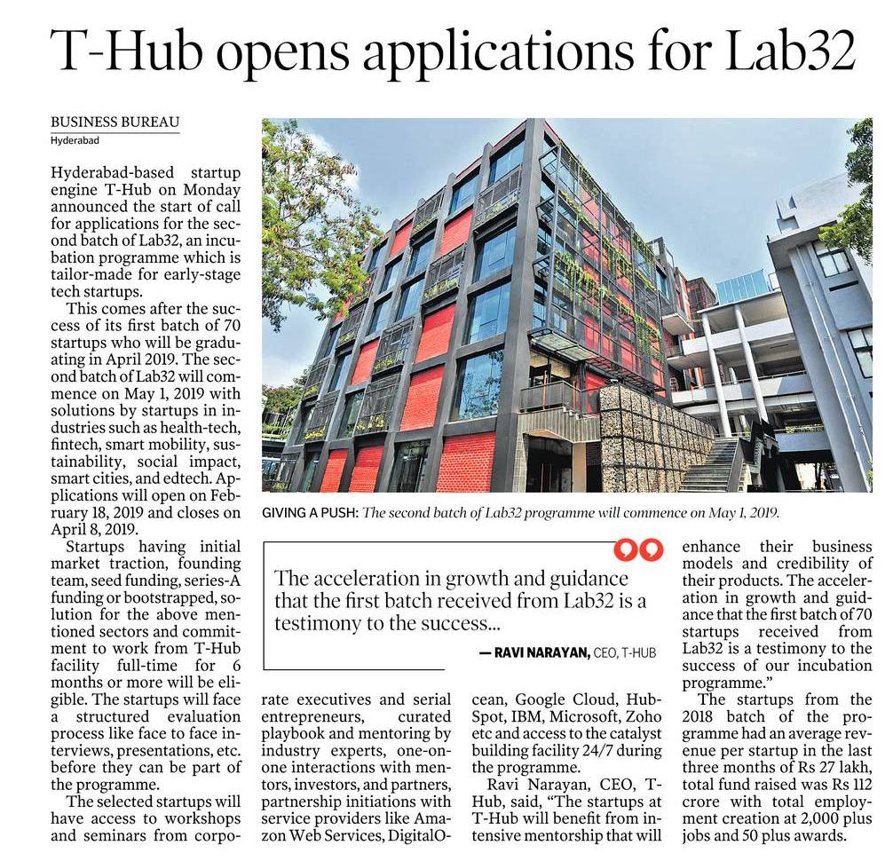 HiHyderabad's tweet image. T-Hub Opens Applications for #Lab32 

@THubHyd @startuphyd @teamTSIC