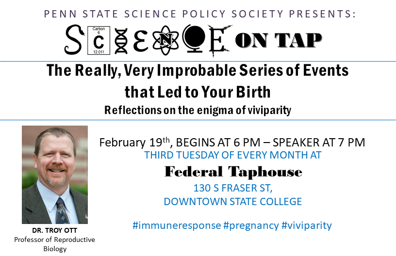 PSUSciPolicy's tweet photo. REMINDER: Science on Tap is TOMORROW at @FedTapSC! We will be hosting @TroyOttAg who will be discussing his research on the maternal immune response to the early embryo and factors that contribute to infertility. Talk starts at 7PM but get there early! https://t.co/mlQ4pK0B0f