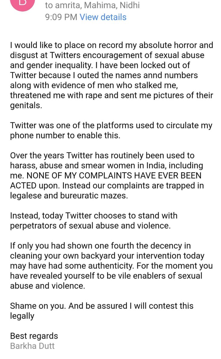 I had close to 1000 abusive messages and calls in a Cordinated and violent mob attack. These included a message to shoot me, a nude photo, many sexually abusive messages. I outed the men who did this. Twitter locked me till many of the details were taken down. I wroe this to them
