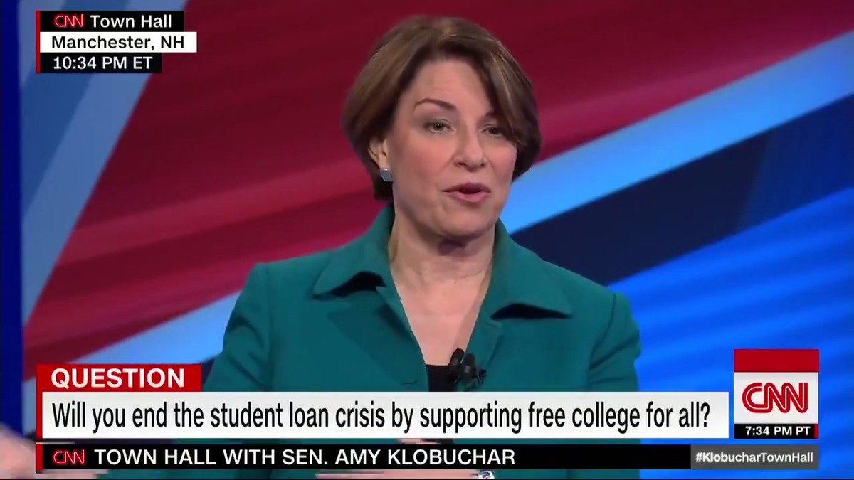“I am not for free four-year college for all, no," says Sen. Amy Klobuchar. But the Democratic presidential candidate says she wants to make college more affordable by creating easier ways to refinance loans and make community college free. #KlobucharTownHall