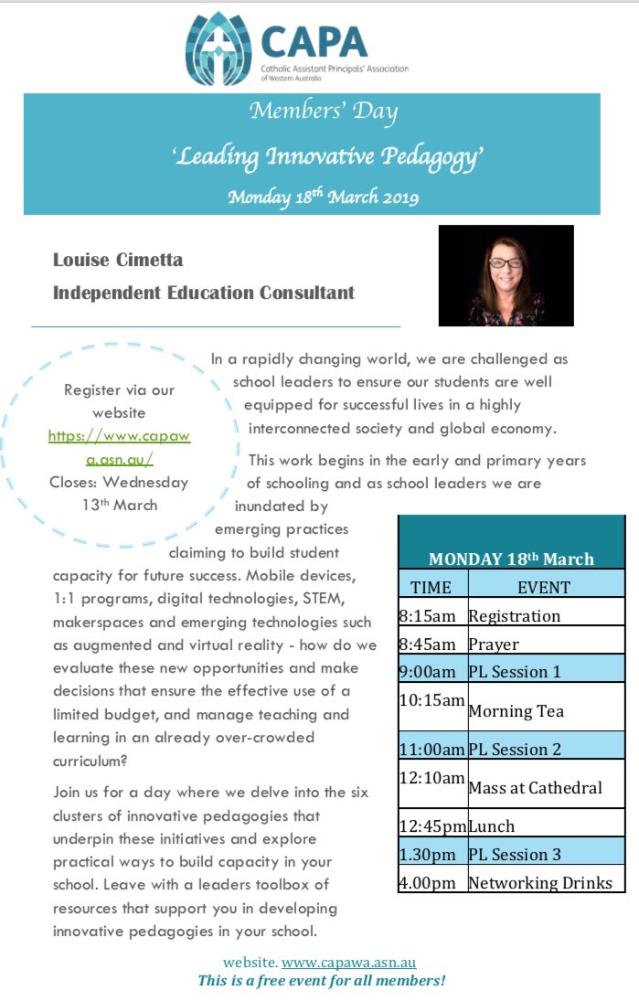 CAPA_WA's tweet photo. Looking forward to our Members’ Day on Monday 18th March titled ‘Leading Innovation Pedagogy’! Venue is @Westin Perth &amp; this is a #free event for all @CAPA_WA members. Register now > https://t.co/gy2yHvZGfk Hope to see all our members there! https://t.co/4gpcHC5IXD