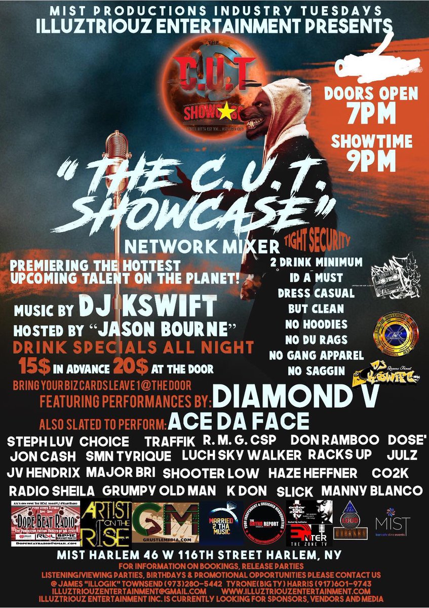 BROTHER1's tweet photo. Date change due to unforeseen emergency. The C.U.T. Showcase will be on next Tuesday February 26th at Mist Harlem 46 W.116th street.! Support Unsigned Talent! https://t.co/G0rP6tAeXW