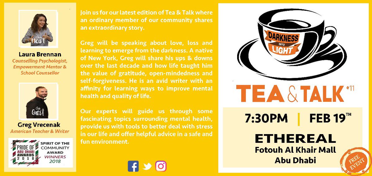 We are really looking forward to hosting Tea & Talk #11 this evening in Abu Dhabi with Laura and Greg. An evening not to be missed! #MentalHealthUAE #MentalHealthAwareness #DILUAE #UAECommunity #MentalHealthMatters