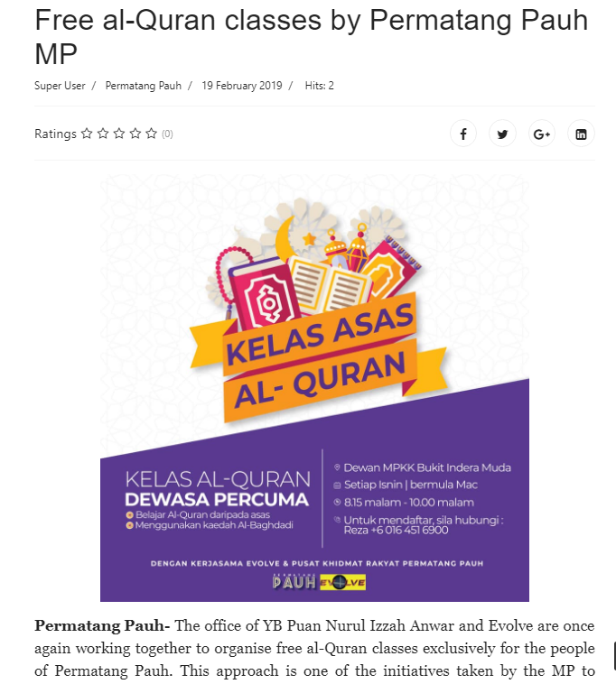 SPTnewspg's tweet photo. Permatang Pauh- Free al-Quran classes by MP
Thank you YB @n_izzah 
Read more at https://t.co/VXfQinro7E
#togetherasacommunity
#permatangpauh https://t.co/LFpoRtta2a