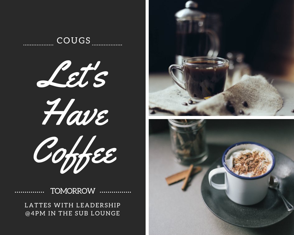 aswsutc's tweet photo. Hey Cougs! We hope you had a great three day weekend. Let’s start off the week with some free coffee & swag!
Join us TOMORROW for Lattes with Leadership at 4pm in the SUB Lounge.
#ASWSUTC #LWL #GoCougs #SustainabilityEfforts https://t.co/sUFHyiNQt9